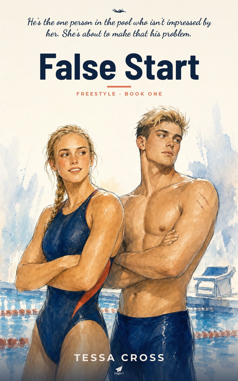 Cover of False Start by Tessa Cross: a watercolour illustration of two swimmers in navy racing suits standing back to back on a pool deck, arms folded, a lane rope with coral buoys in the water behind them.
