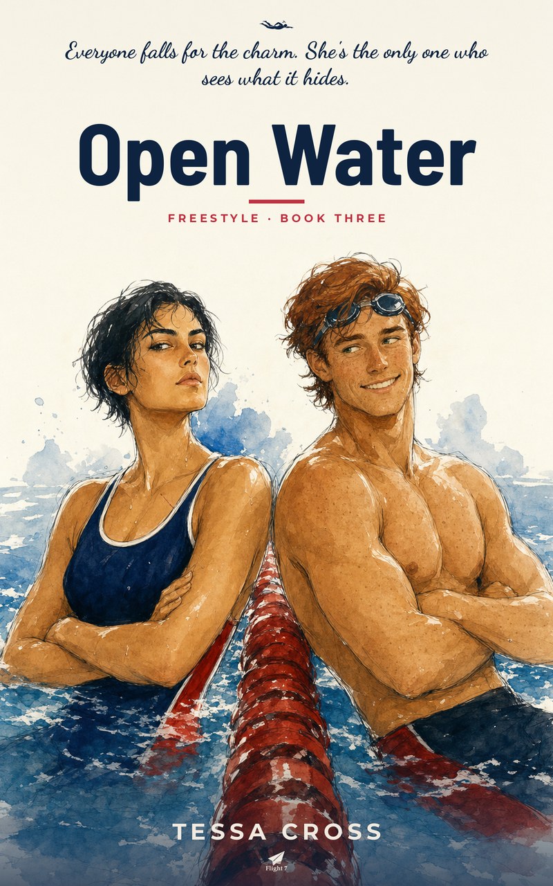 Cover of Open Water by Tessa Cross: a watercolour illustration of two swimmers treading water on either side of a red-and-white lane rope, arms folded, facing away from each other.