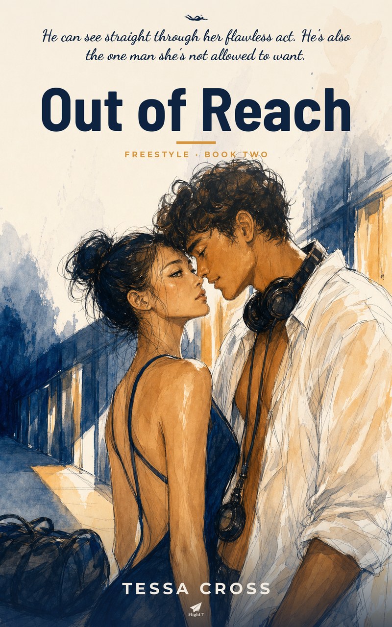 Cover of Out of Reach by Tessa Cross: a watercolour illustration of a swimmer in a navy suit and a man with headphones around his neck standing forehead to forehead in a sunlit poolside corridor.
